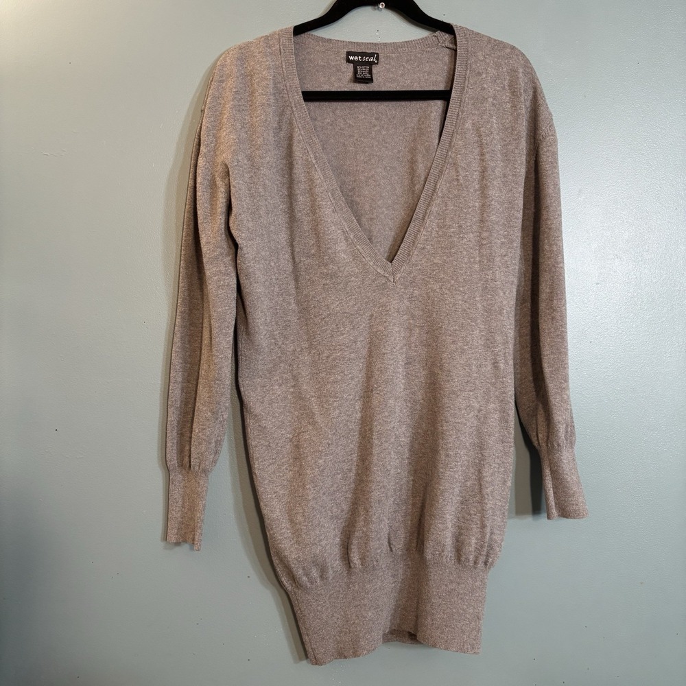 Vintage Wet Seal Gray V-Neck Sweater Dress VNeck Cotton Women's Small Y2K